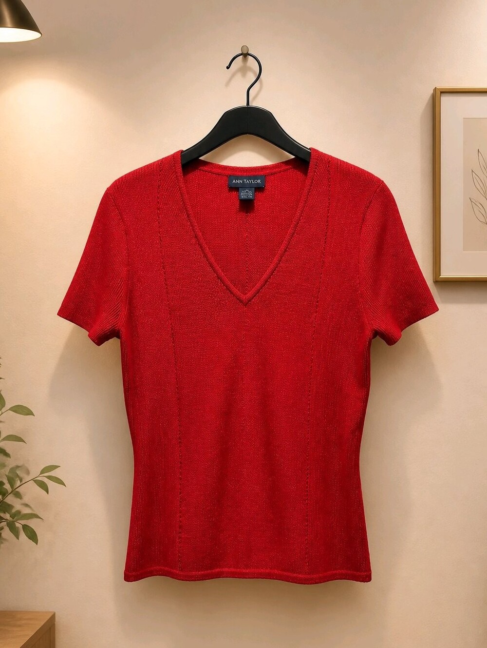 Ann Taylor Red V-Neck Short Sleeve Silk Blend Sweater Top Sz Large